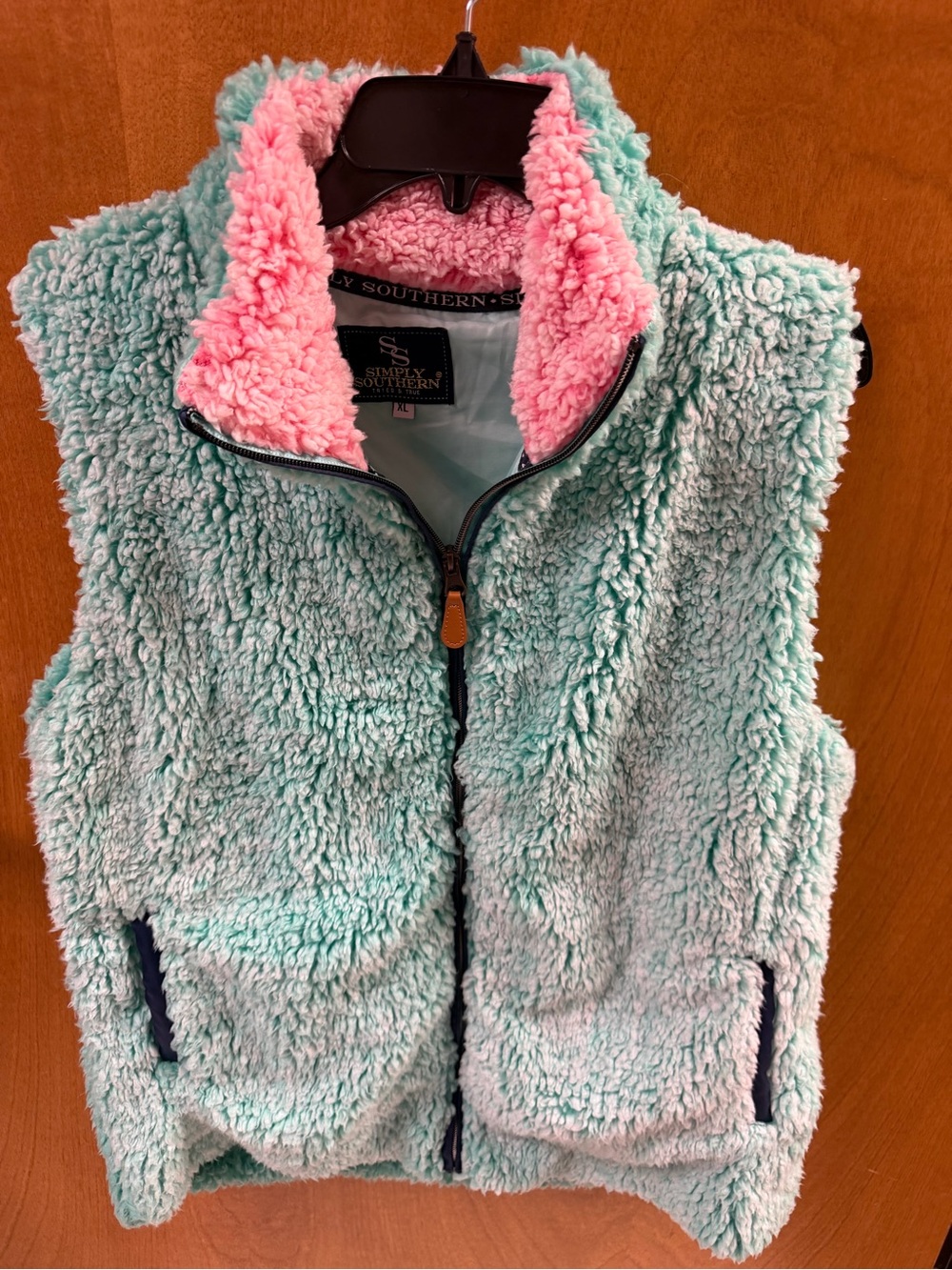 Simply Southern Mint Sherpa Vest with Pink Lining